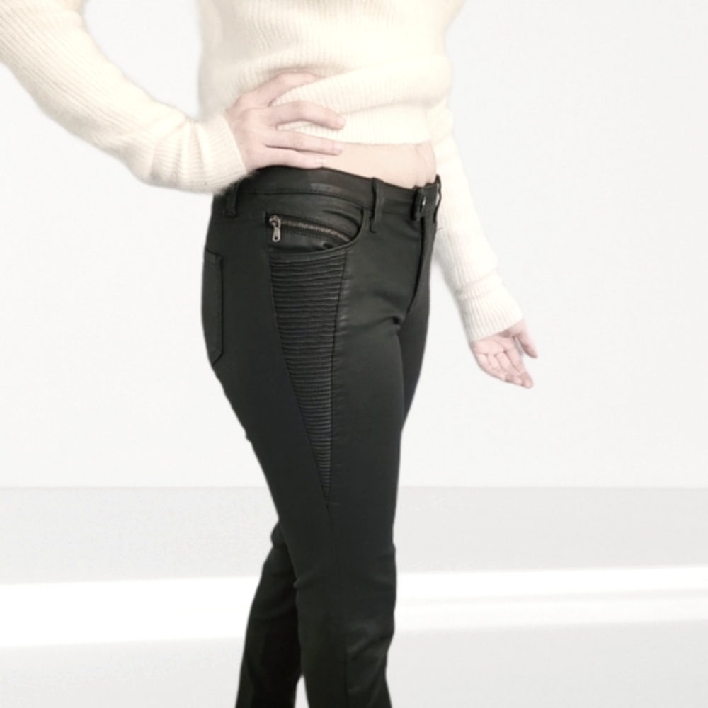 ZARA TRF Black Faux Leather Moto Skinny Baddie Denim Jeans EUC, 2